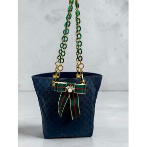 Gucci Navy GG Jacquard Tote Bag Custom Chain Handles Bow Accent Large